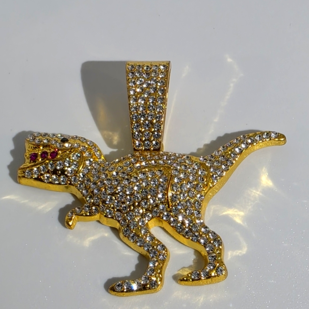 Iced Out Dinosaur Pendant | Gold Tone T-Rex with AAA CZ Stones | Hip Hop Bling